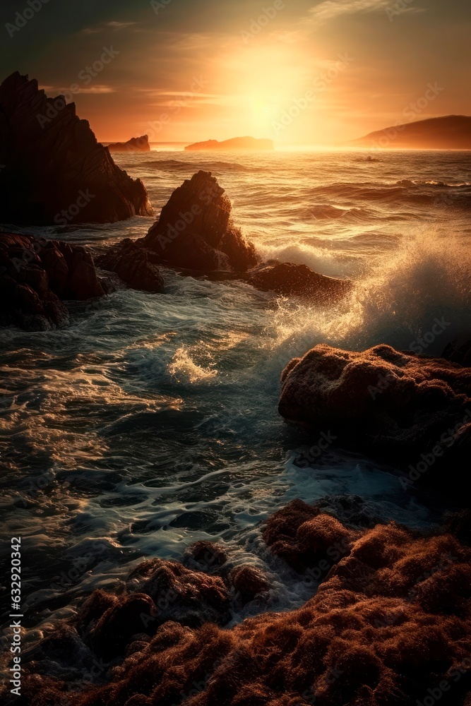 Obraz premium Coastal landscape at sunset, waves crashing on the rocks. Generative AI.