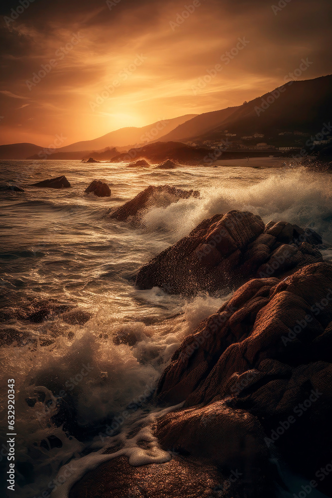 Fototapeta premium Coastal landscape at sunset, waves crashing on the rocks. Generative AI.