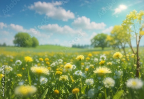 A serene backdrop of blurred spring and summer scenery verdant meadow dotted with dandelions under blue skies