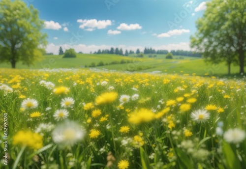 A serene backdrop of blurred spring and summer scenery verdant meadow dotted with dandelions under blue skies