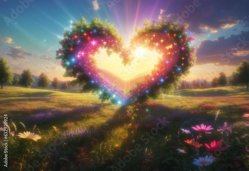 A meadow with a colorful heart radiating light beams