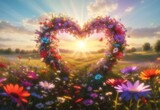 A flower meadow with a colorful heart radiating light beams