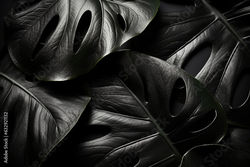 Black leather surface with monochrome philodendron leaves, Monochrome flat lay, 