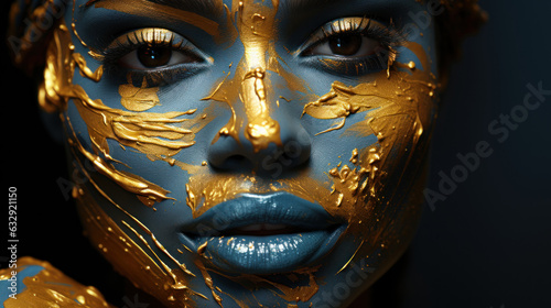 Close-up portrait of a beautiful woman with gold and creative makeup.