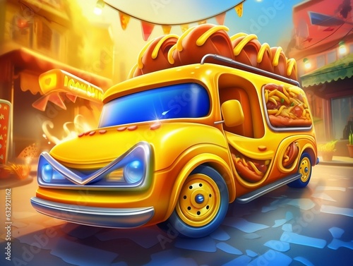 3D Fast Food Hot Dog Delivery truck street food festival symbol with hot dog in cartoon style generative ai
