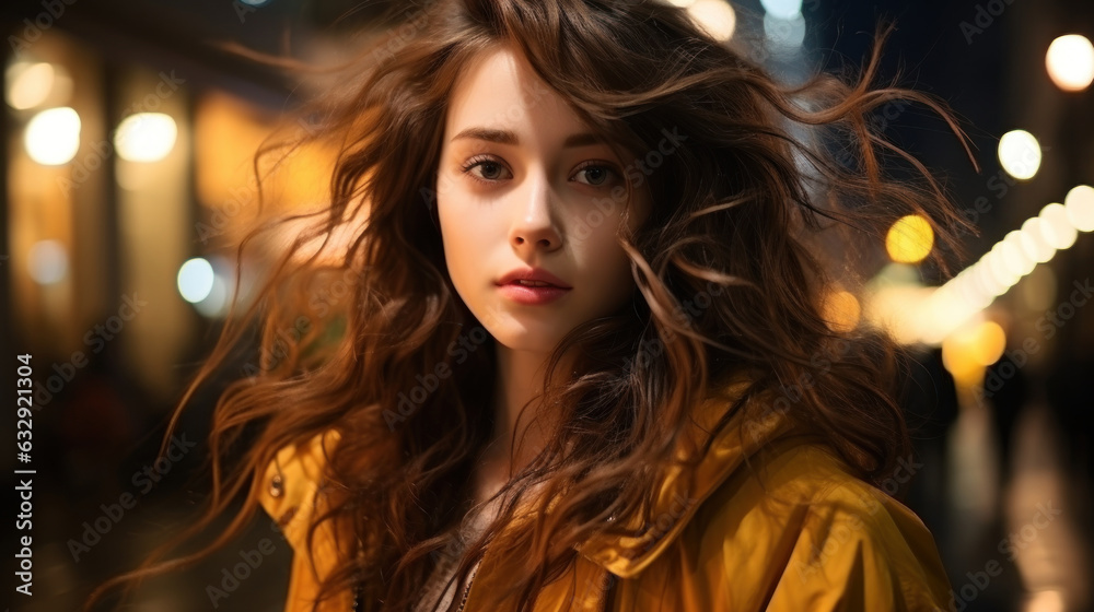 Portrait of a beautiful girl in a yellow raincoat on evening street.