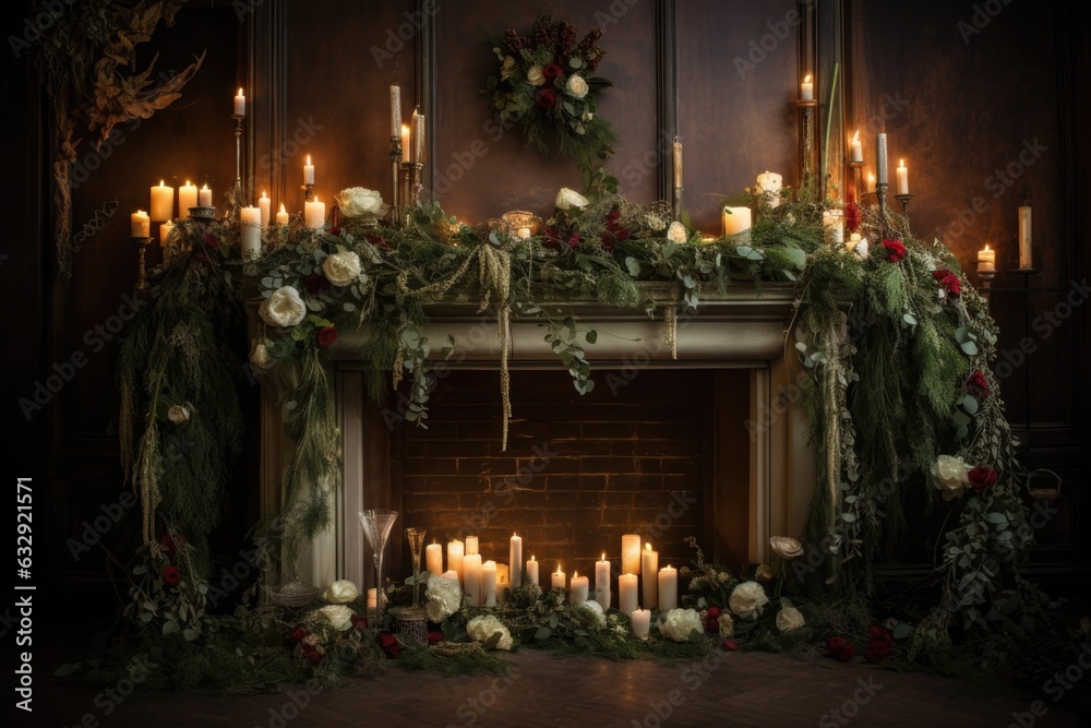 festive decorated mantle with garlands and candles