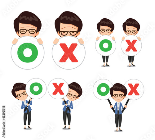 A person in a suit is holding a signpost with correct and incorrect answers.