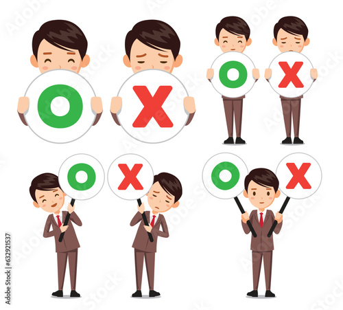 A person in a suit is holding a signpost with correct and incorrect answers.