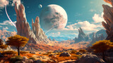 Retro futuristic Sci-fi wallpaper. Alien planet landscape. Breathtaking panorama of a desert planet with strange rock formations against background of beautiful sky with clouds.