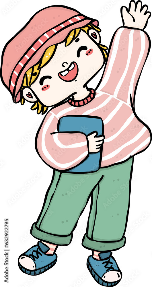 Fototapeta premium Cheerful happy Student boy full body vibrant cartoon Doodle. Back to School kid.