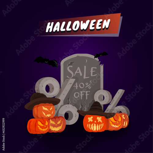 Halloween 40 % discount offer. Bright purple and orange illustration. A few Jack O’Lanterns  on the background of a gravestone with bats flying nearby and the inscription HALLOWEEN