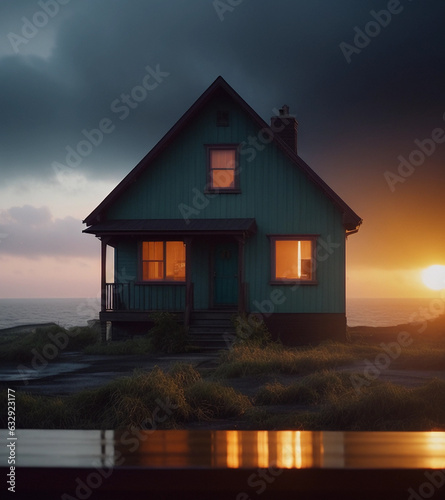 Light in a house on the beach. Generative AI.
