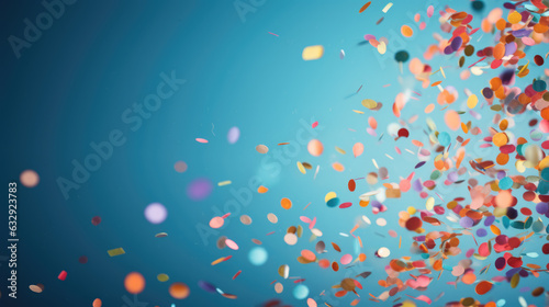 Colorful confetti flying on blue background. Created with Generative AI technology.