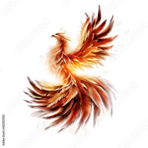Mythical phoenix bird made of feathers, white background