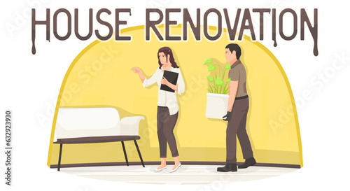 Home interior renovation, furniture relocation, plant moving, woman show place of destination, worker carries flower. Shipping, transportation service. Vector illustration.