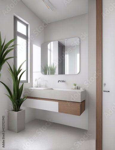 Modern minimalist bathroom interior with bathroom cabinet  white sink and wooden vanity. Interior plants. Image created using artificial intelligence.