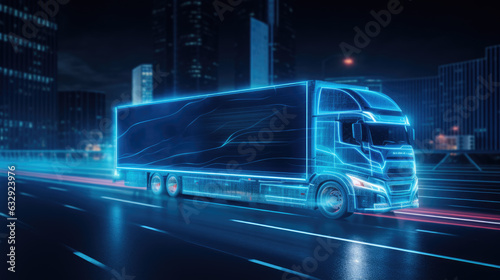 Photo Futuristic truck with neon lights on night road