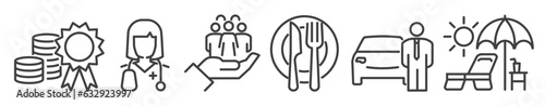 employee benefits incentives, bonus and perks vector thin line icon set on white background