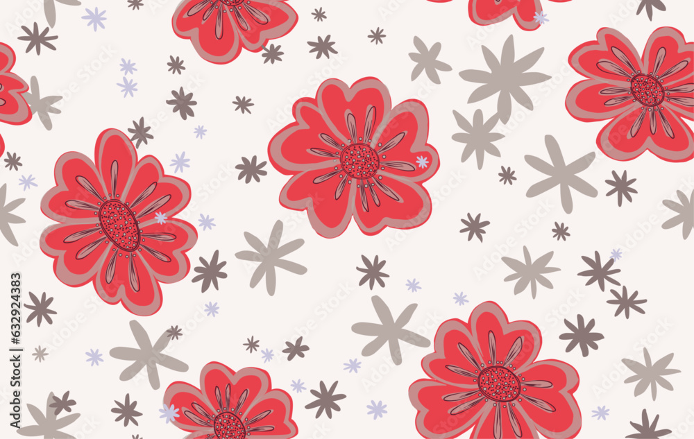 Patrón vectorizado de flores rojas y estrellas sobre fondo grisaceo, patrón para fondos de diseño o estampados, vector en tonos navideños