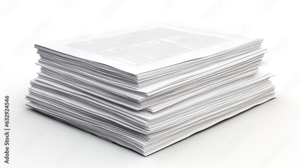 Stack of papers isolated on white background. Created with Generative AI technology. Stack of papers isolated on white background. Created with Generative AI technology.