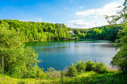 Jezioro Turkusowe near Wapnica. Lake in Wolin National Park in Poland. Idyllic landscape with green nature by the lake. Turquoise lake. 