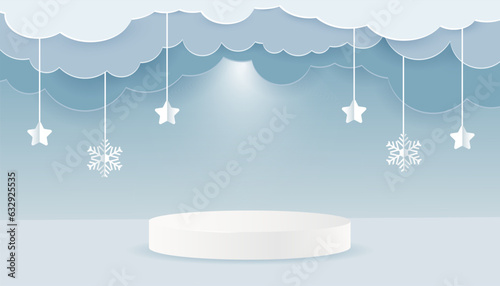 Winter background with paper cut style clouds and white podium. Stage, podium for goods, advertising. Christmas background with podium. Vector