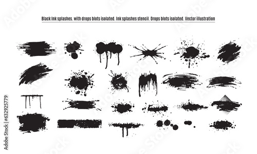 Black Ink splashes. with drops blots isolated. Ink splashes stencil. High quality manually traced. Drops blots isolated. Vector illustration