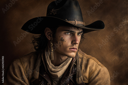 American western cowboy man or rancher with hat and strong appearance. Wild wild west sheriff. Ai generated