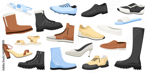 Fashion footwear collection. Set of various shoes. Stylish design, casual boot, elegant, leather sneaker, trendy, classic, beauty, elegance, model. Isolated on white background. Vector illustration.