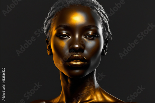 Amazing beautiful dark afro american black woman face portrait with gold or golden lips. Ai generated