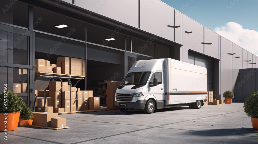 Outside of Logistics Warehouse, Delivery Van Loaded with Cardboard Boxes. Created with Generative AI technology.