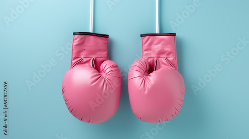 Pink boxing gloves on blue background. Concept of female cancer disease. Created with Generative AI technology.