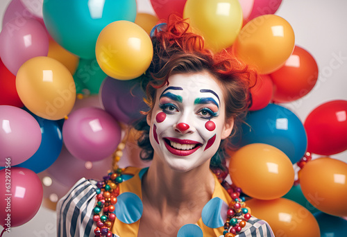 A happy female clown and balloons
