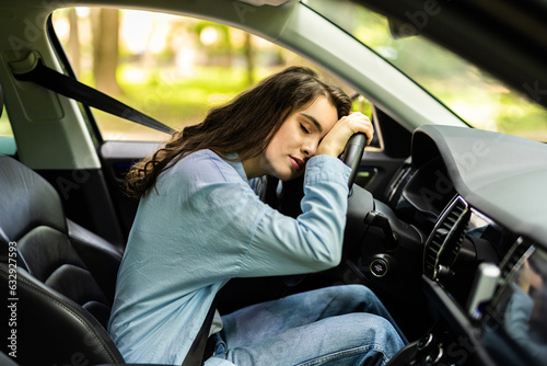 Stressed woman drive car feeling sad and angry. Girl tired, fatigue mental on car.
