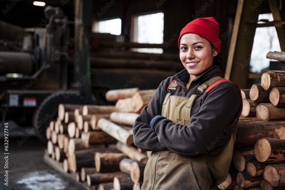 Young latin logging worker woman at work. Generative AI. Young latin logging worker woman at work. Generative AI.