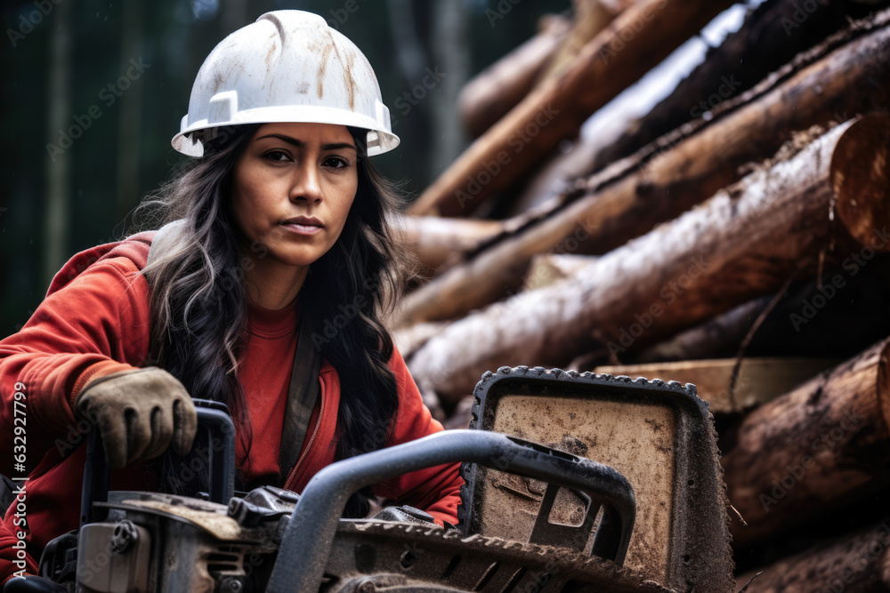 Young latin logging worker woman at work. Generative AI.