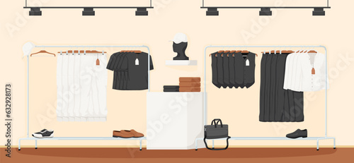 Showcase fashion clothes store interior, shop, showroom, boutique, vest, shirt, design, clothes, sale, bag, retail, hanger, casual wear, modern style, accessories storage. Vector illustration.