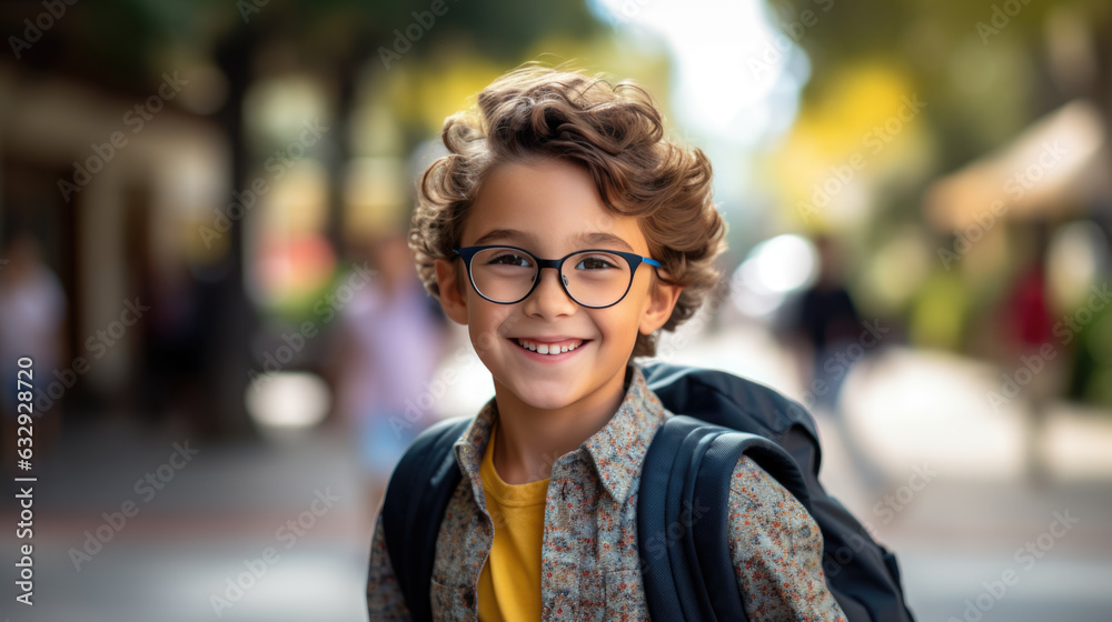 Little schoolboy stands outside the school. Back to school. Created with Generative AI technology.
