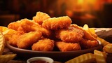 Close-Up of pile of chicken nuggets with tomato sauce on a wooden table with blurred background