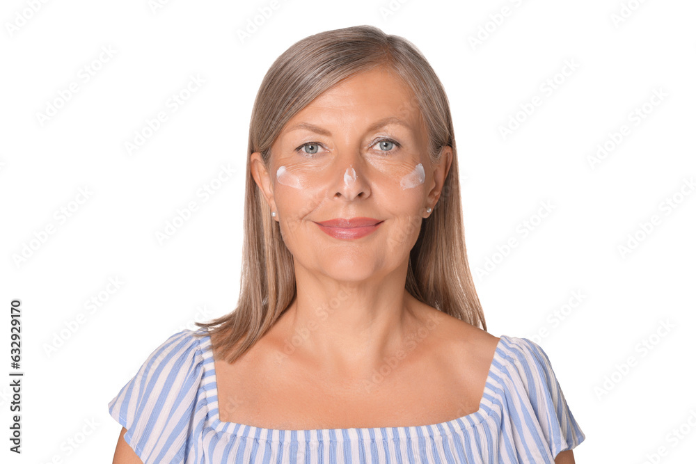 Beautiful senior woman with sun protection cream on her face isolated on white Beautiful senior woman with sun protection cream on her face isolated on white
