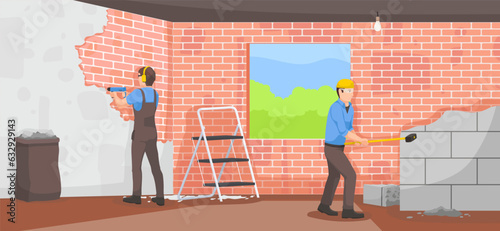 Home, house renovation, repair. Workers, builders, repairman, workman, equipment, professional craftsman. Brick and tile decorating. Interior indoor activity. Vector illustration.