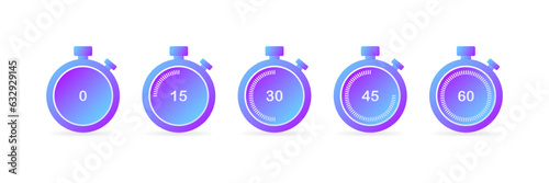 Stopwatch icons. Flat, color, stopwatches with different times. Vector illustration