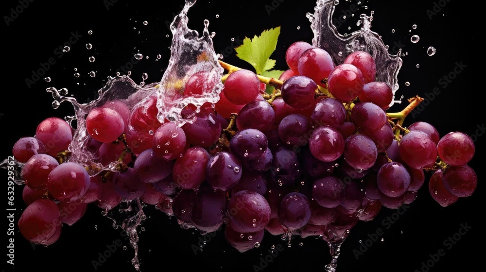 Close-Up of flying fresh grapes exposed to splashing water on black background and blur