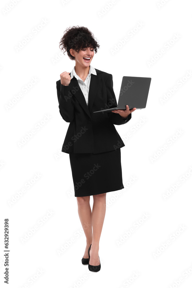 Beautiful emotional businesswoman using laptop on white background Beautiful emotional businesswoman using laptop on white background
