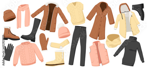 Winter and autumn warm collection of fashion casual clothes, jacket, scarf, coat, hat, footwear, pants, trousers, vest, gloves, socks. Isolated on white background. Vector illustration.