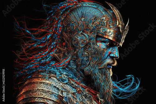 Abstract powerful warrior viking king portrait. Impressive man soldier portrait with blue color and intricate details. Ai generated photo