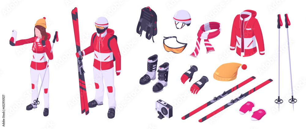 Skier equipment. Active, extreme winter sport. Cartoon gear concept. Vacation with snowboard. Speed lifestyle. Skater accessories. Isolated on white background. Vector illustration
