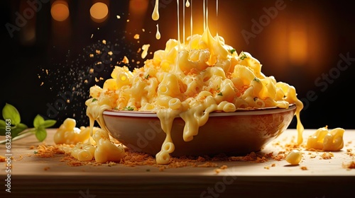 Close-Up of macaroni full of melted cheese sprinkled with savory herbs