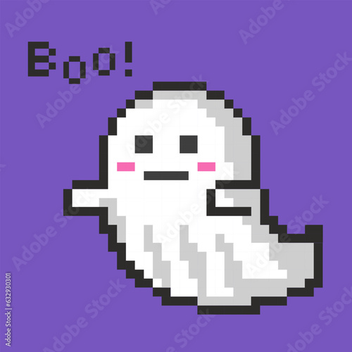 Ghost Halloween pixel art. Boo cute  spirit 8 bit style on purple background